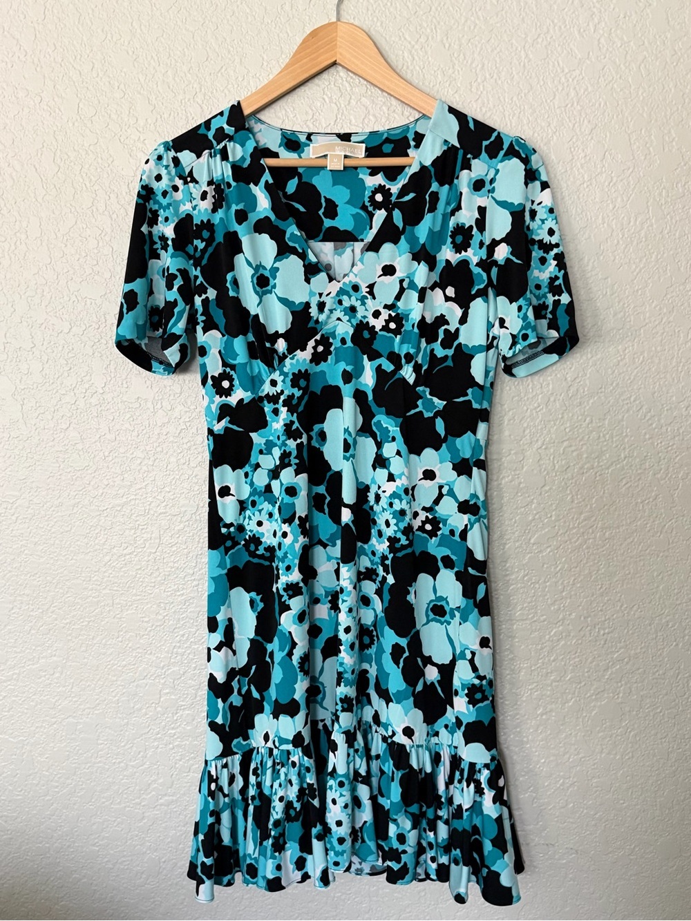 Michael Kors Aqua Black White Floral V-Neck Tunic Dress